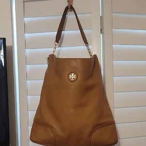 Tory Burch Camel Leather Hobo Bag with Gold Emblem